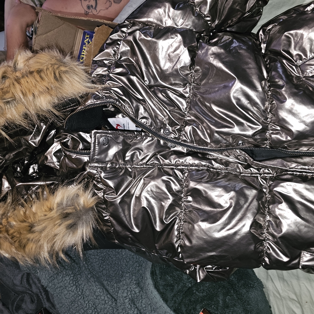 Metallic Puffer Jacket with Faux Fur Hood